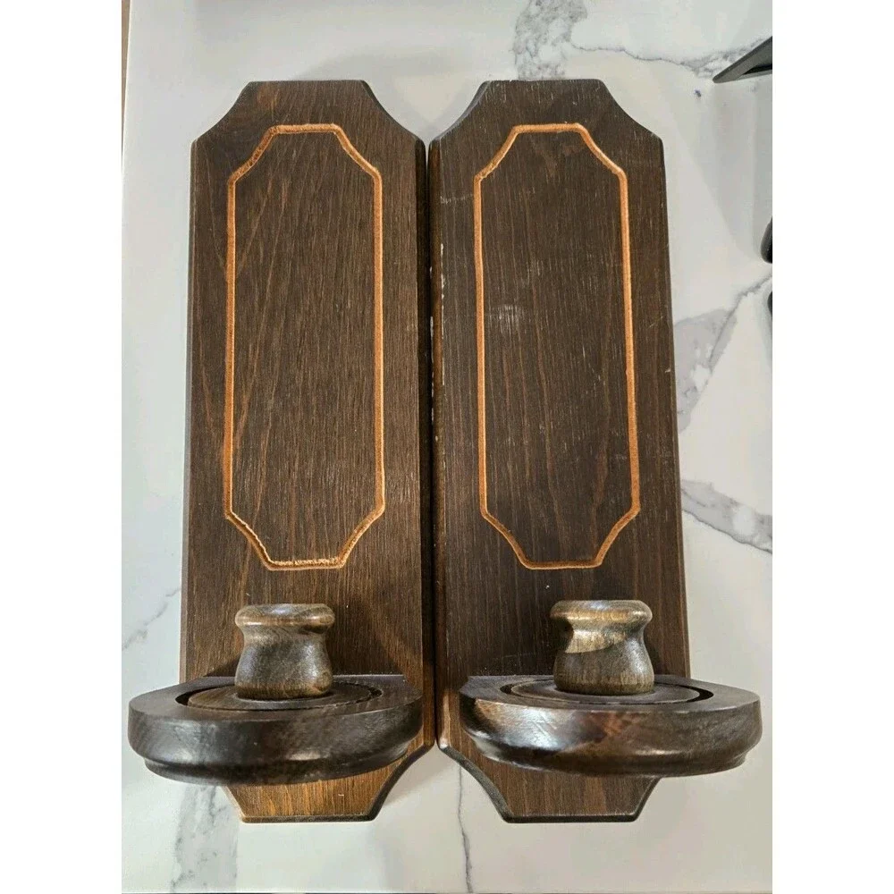 Vintage S/2 Basketville wood hanging Wall sconce candlestick holders Made In USA
